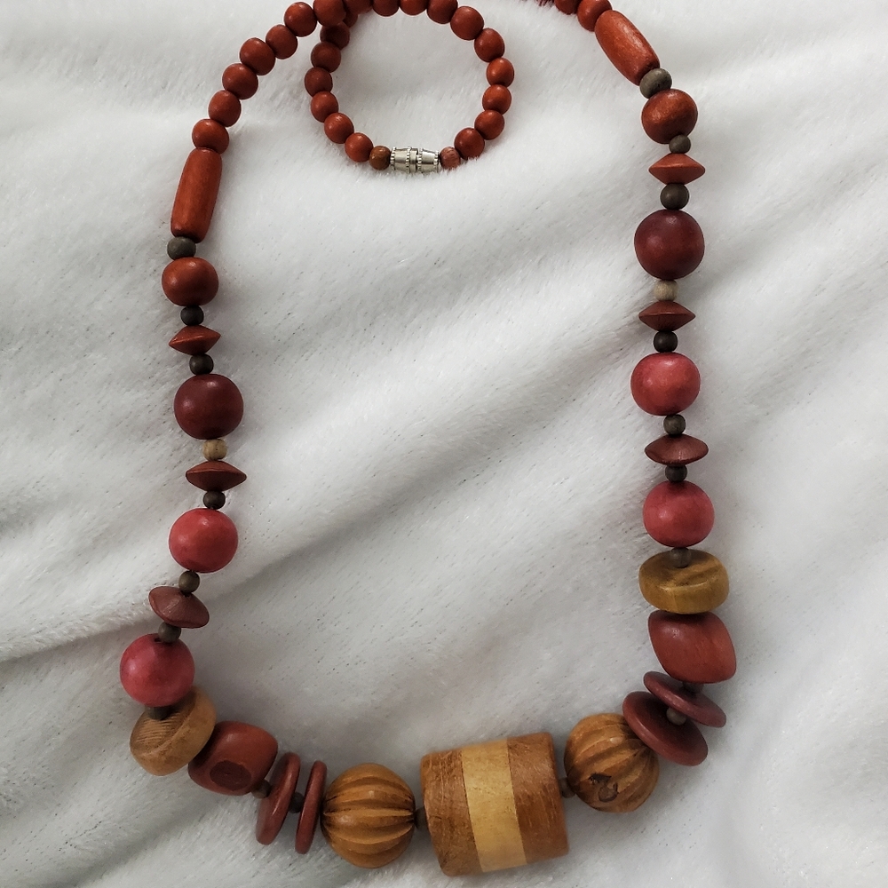 Tribal Wood Beaded, Vintage Chunky Necklace in Warm Red & Natural Tones